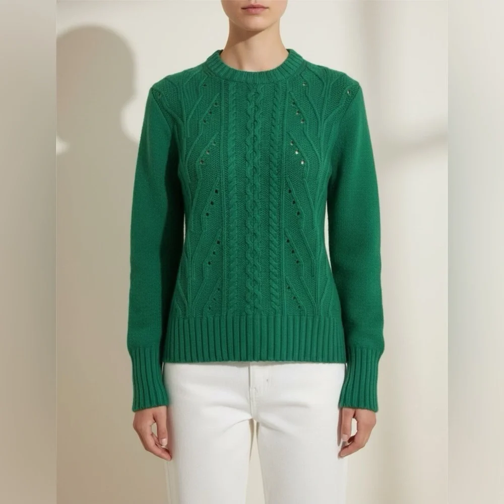 J. Crew Women’s Green Ribbed Crew Neck Cable Knit Sweater Sz Small - Picture 1 of 11
